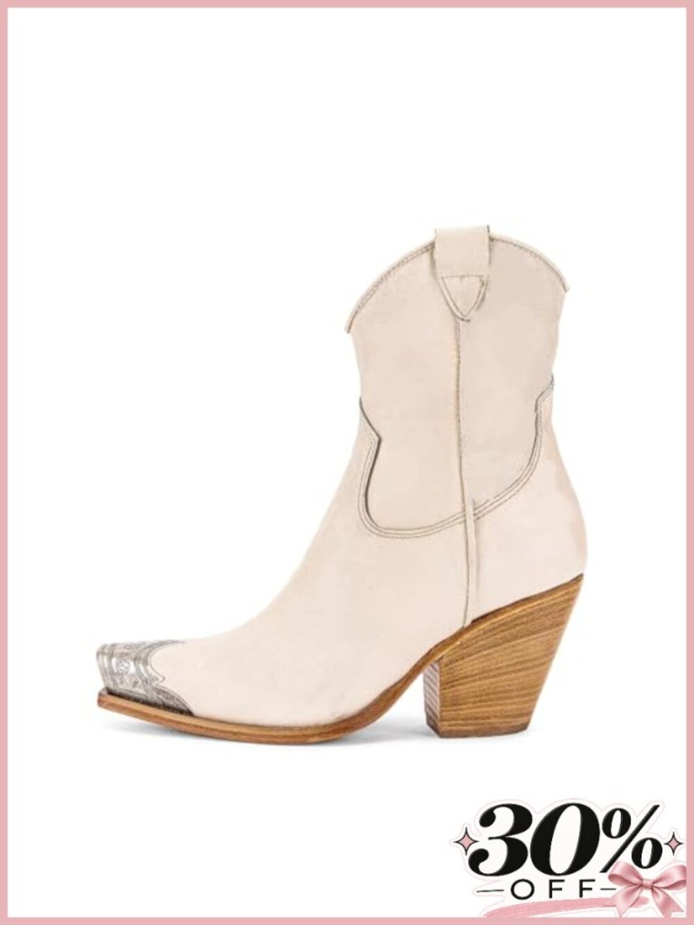 Faux Leather Western Ankle Boots Metal Toe Block Heel Side Zip Booties